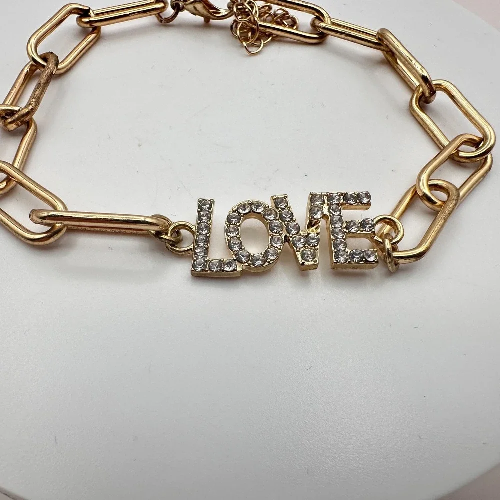 Vintage Y2K Gold Tone Rhinestone LOVE Paperclip Chain Bracelet for Women